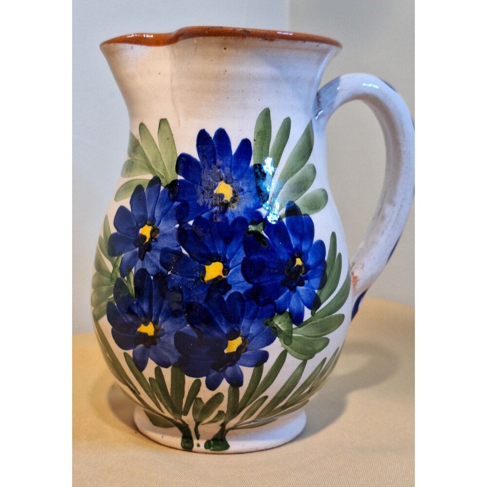 Floral Folk Art Pitcher Mantamados Red Ware Pottery Lesvos Island Greece 1970 7"